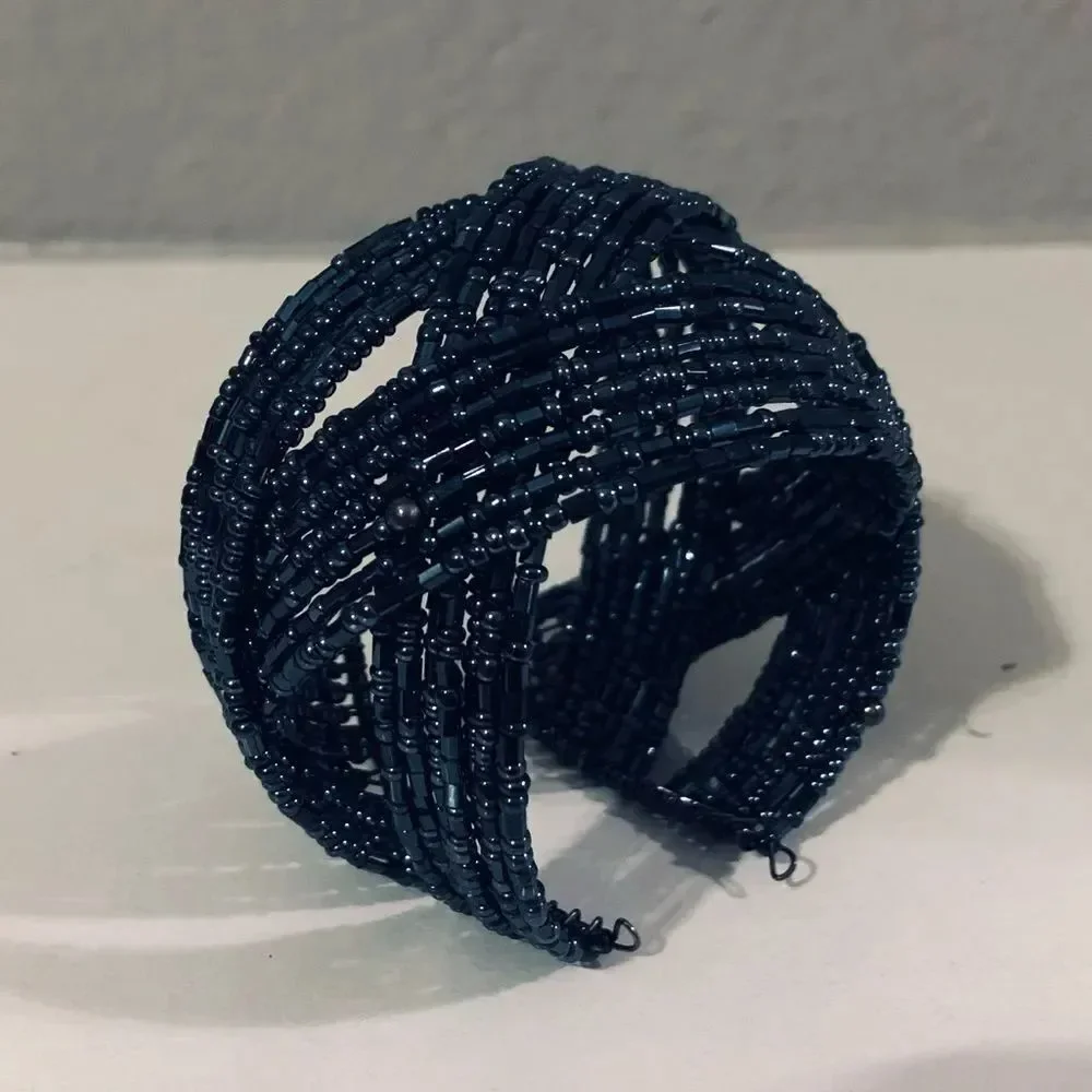 Indigo Blue Sparkly Beaded Cuff Bracelet